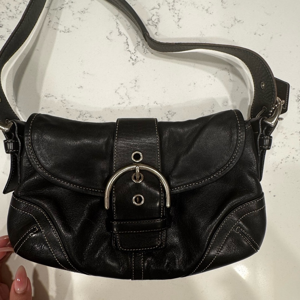 Coach Black Leather Shoulder Bag with Silver Accents